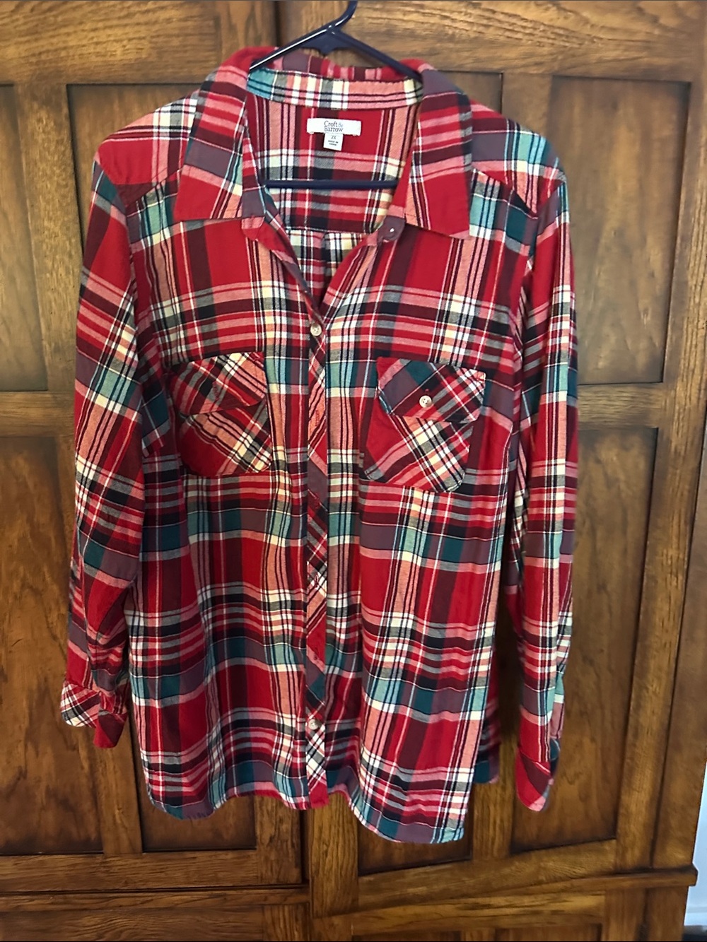 croft & barrow Red Plaid Button-Down Shirt with Teal Accents
